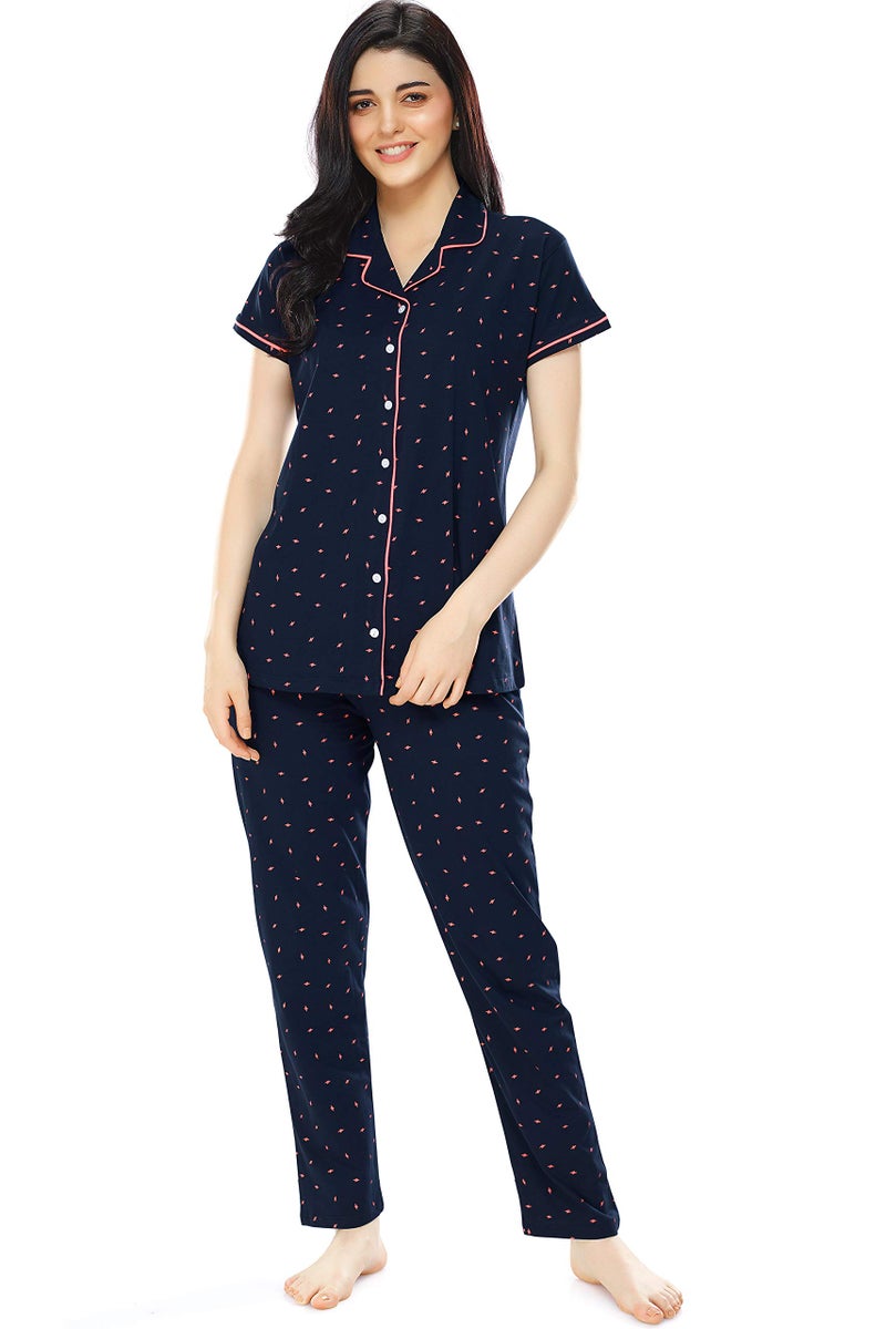 ZEYO Women's Cotton Flash Printed Navy Blue Pajama Set/ Night Suit Set Of Shirt & Pyjama 5251 - Image 1