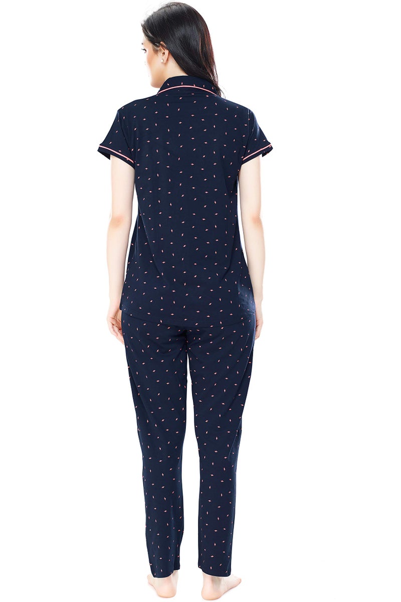 ZEYO Women's Cotton Flash Printed Navy Blue Pajama Set/ Night Suit Set Of Shirt & Pyjama 5251 - Image 3
