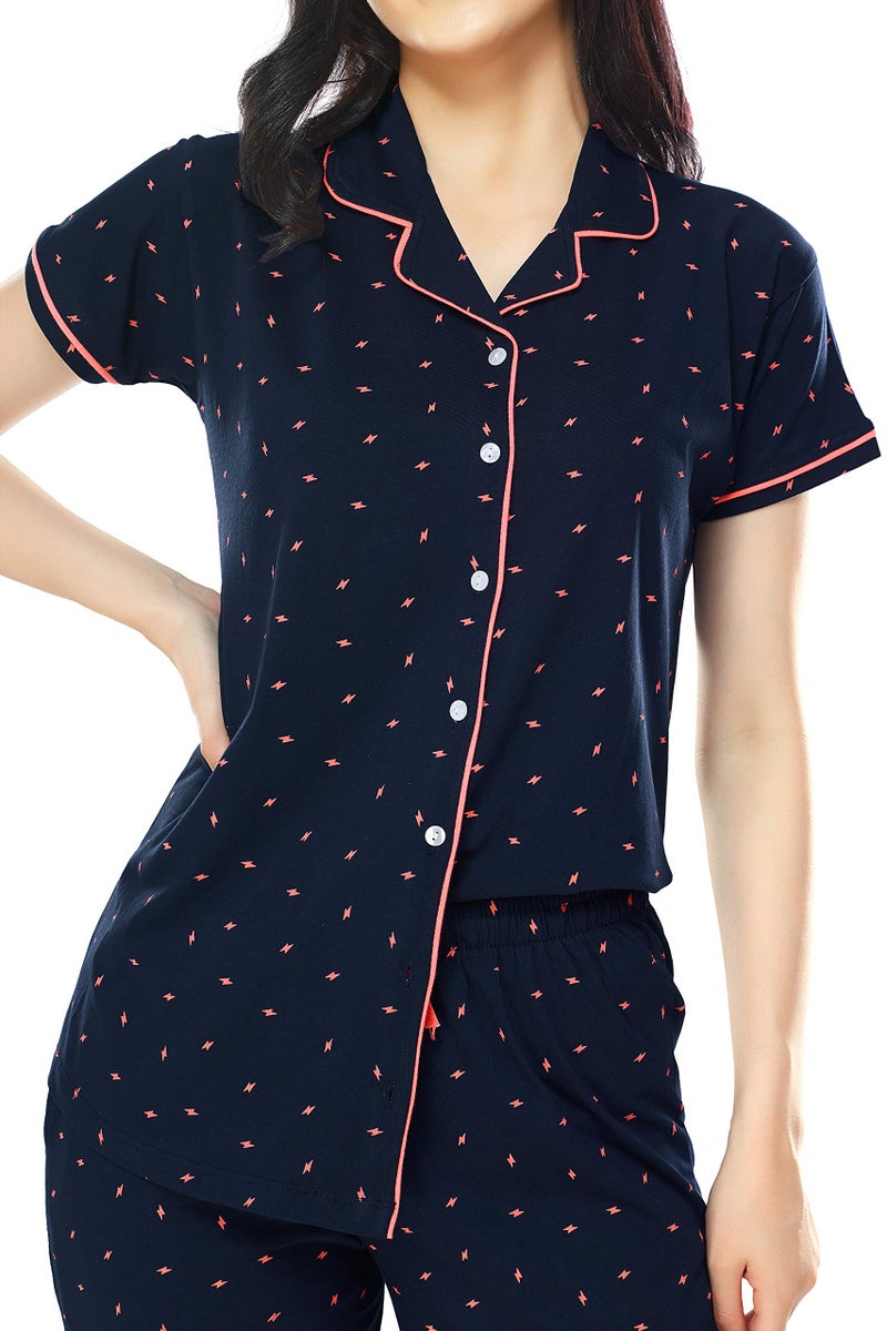 ZEYO Women's Cotton Flash Printed Navy Blue Pajama Set/ Night Suit Set Of Shirt & Pyjama 5251 - Image 2