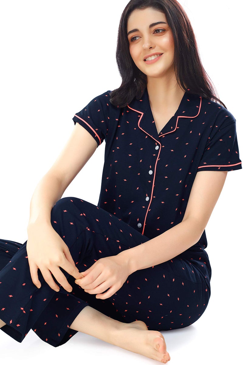 ZEYO Women's Cotton Flash Printed Navy Blue Pajama Set/ Night Suit Set Of Shirt & Pyjama 5251 - Image 5