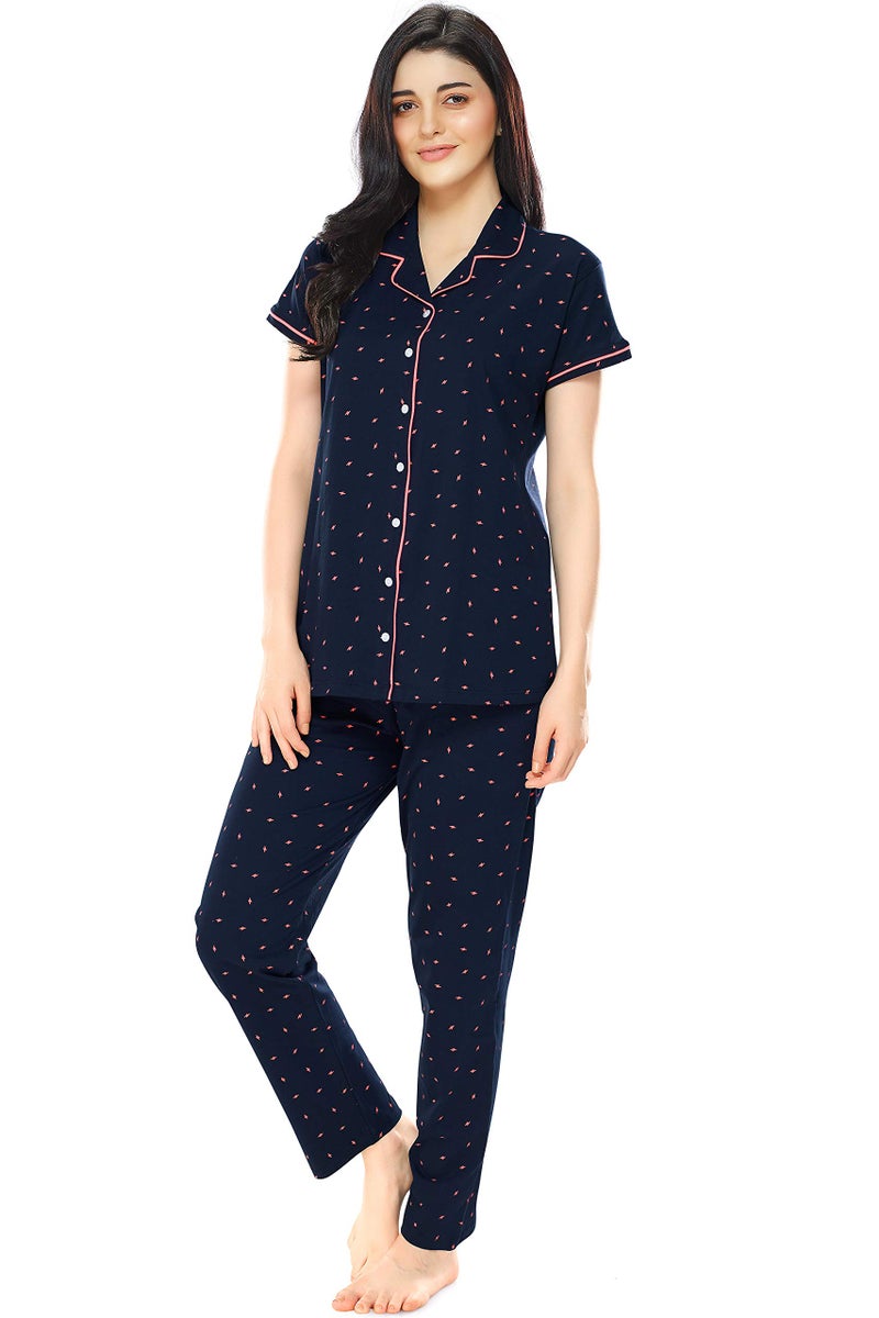 ZEYO Women's Cotton Flash Printed Navy Blue Pajama Set/ Night Suit Set Of Shirt & Pyjama 5251 - Image 4
