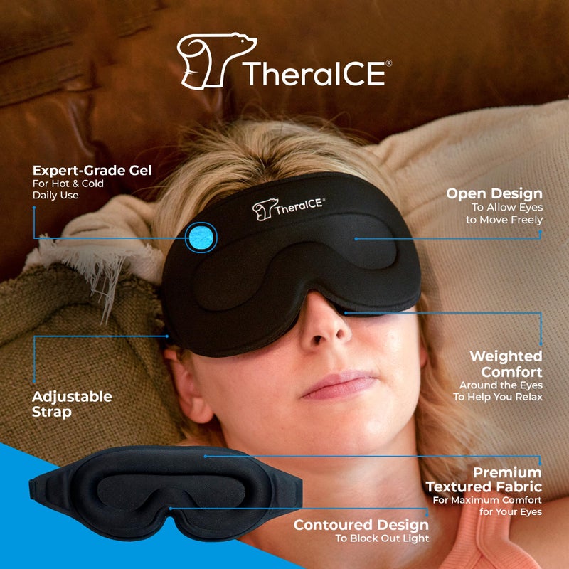 TheraICE قناع النوم ثيرا آيس + جل تبريد لتخفيف الألم - قناع عيون أسود للحجب البصري - غطاء عيون مريح ثلاثي الأبعاد بدون ضغط لحجب الضوء من أجل نوم مريح وهادئ للرجال والنساء - Image 2