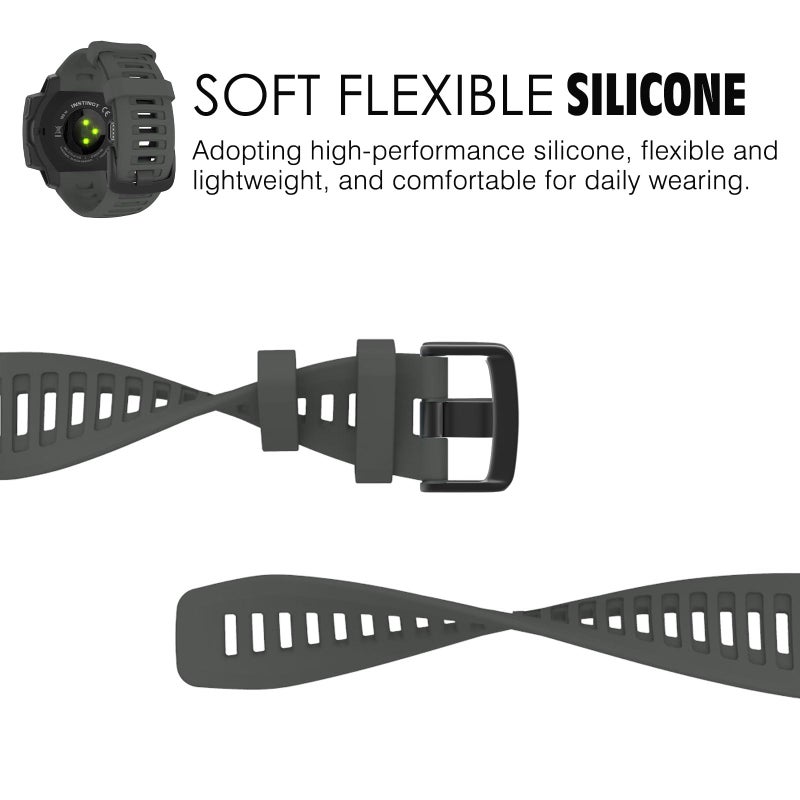 MoKo 2Pack Watch Strap Compatible with Garmin Instinct Esports/Solar/Tactical/Tide Military Watch,Silicone Adjustable Replacement Band Fit Garmin Instinct 2 Sports GPS Smart Watch,Graphit Gray/Tundra - Image 3