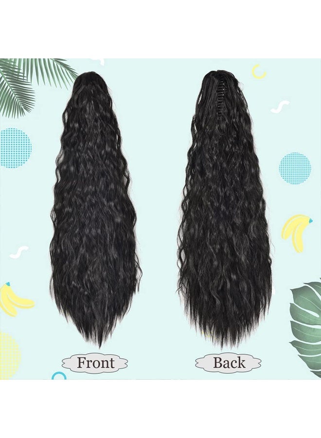 وصلة شعر ذيل حصان مموجة بمشبك، ذيل حصان أسود صناعي مموج، وصلة شعر ذيل حصان طويلة مجعدة للنساء والفتيات (أسود طبيعي) - Image 5