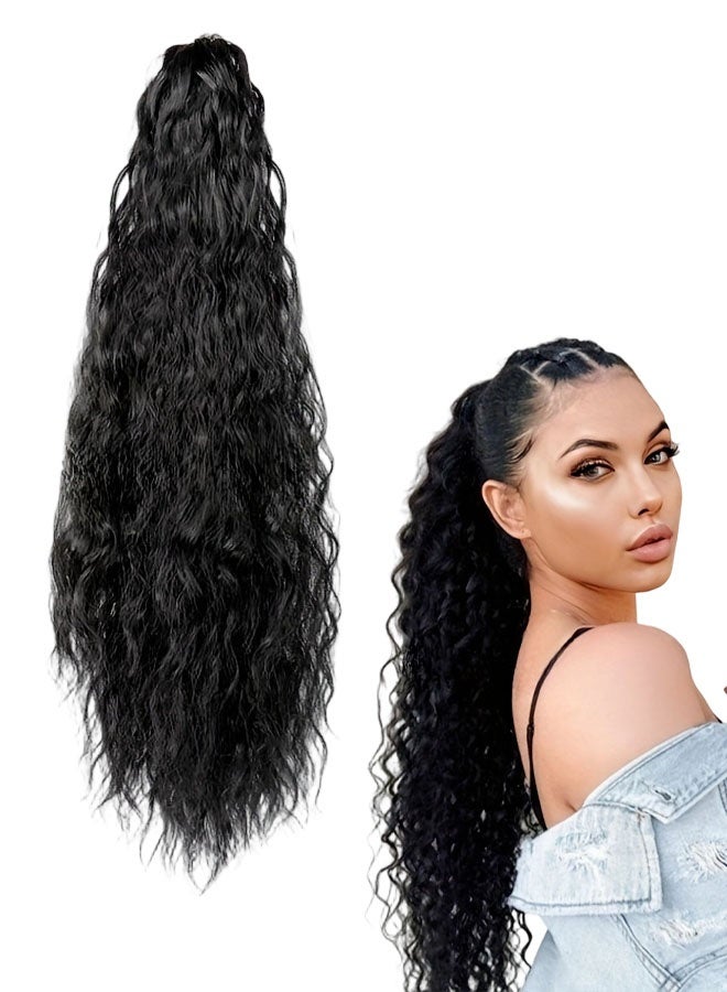 وصلة شعر ذيل حصان مموجة بمشبك، ذيل حصان أسود صناعي مموج، وصلة شعر ذيل حصان طويلة مجعدة للنساء والفتيات (أسود طبيعي) - Image 1