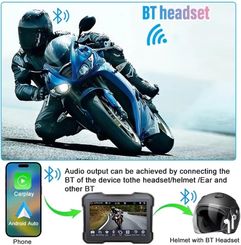 Motorcycle DVR 6.86-Inch 1280 X 480 IP65 Waterproof Touch Screen - Dual AHD Camera Loop Recording Built-In Dual Channel Bluetooth for Wireless CarPlay Android Auto GPS Navigation for Motorcycle Riders - Image 3