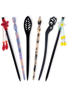MiDube 6 Pack Chopsticks Hair Pins Vintage Flower Handmade Ancient Brown Wood Picks Wooden Sandalwood Carved Hollow Long Horn Fork Pen Hairpins Sticks Accessories with Tassel for Women Girls 