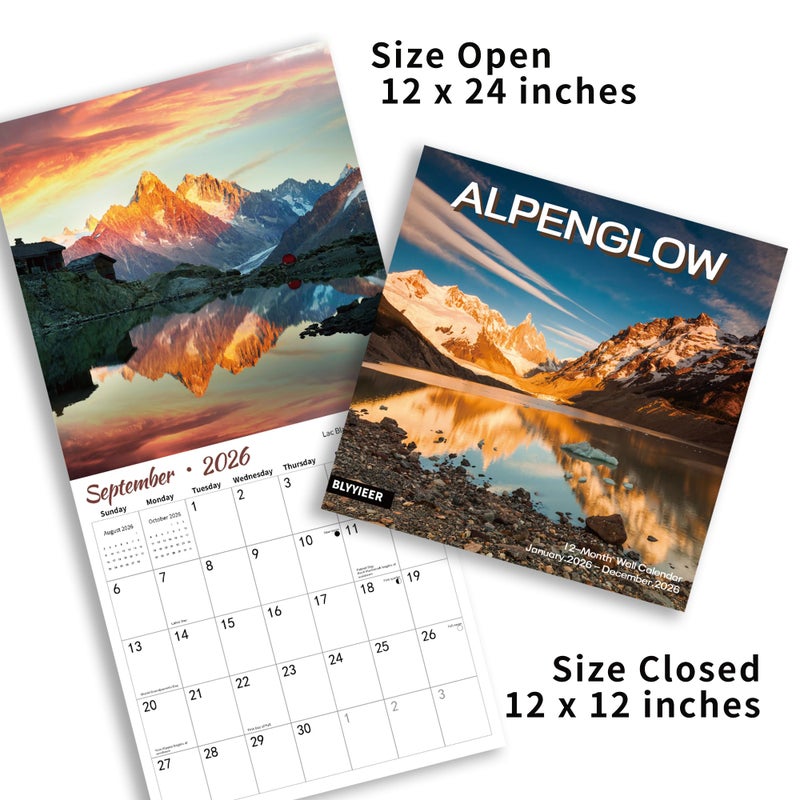 BLYYIEER 2026 Wall Calendar, Alpenglow Monthly Wall Calendar, 12" x 24" Open,Family Planner Calendar Organizer with Mountain of Sunrise Images - Image 3