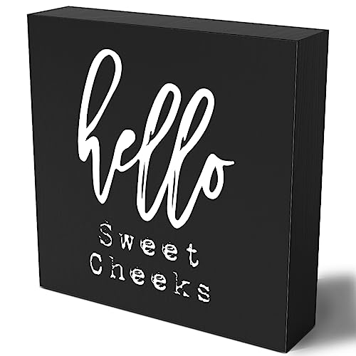 Woght Funny Bathroom Wooden Box Sign Plaque Hello Sweet Cheeks Black Wood Box Sign Rustic Art Home Bathroom Shelf Desk Decor 5 x 5 x 1 Inches - Image 1