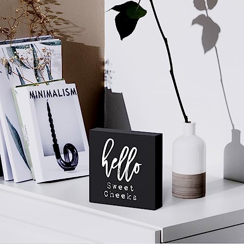 Woght Funny Bathroom Wooden Box Sign Plaque Hello Sweet Cheeks Black Wood Box Sign Rustic Art Home Bathroom Shelf Desk Decor 5 x 5 x 1 Inches - Image 5