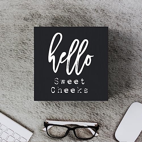 Woght Funny Bathroom Wooden Box Sign Plaque Hello Sweet Cheeks Black Wood Box Sign Rustic Art Home Bathroom Shelf Desk Decor 5 x 5 x 1 Inches - Image 4