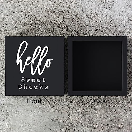 Woght Funny Bathroom Wooden Box Sign Plaque Hello Sweet Cheeks Black Wood Box Sign Rustic Art Home Bathroom Shelf Desk Decor 5 x 5 x 1 Inches - Image 3