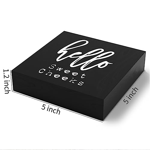 Woght Funny Bathroom Wooden Box Sign Plaque Hello Sweet Cheeks Black Wood Box Sign Rustic Art Home Bathroom Shelf Desk Decor 5 x 5 x 1 Inches - Image 2