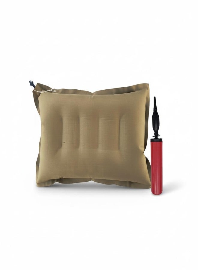 PM SQUARE Inflatable Travel Pillow, Beige, Soft Breathable Fabric, Lightweight Portable, Multi Position Support, with Hand Pump (1)