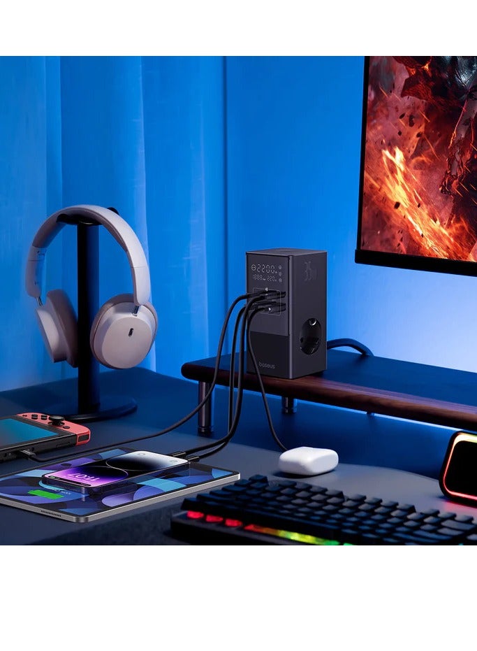 بيسوس OS-Baseus PowerCombo Tower Digital PowerStrip 3AC+2U+2C 35W مع سلك طاقة 1.5 متر مجموعة الاتحاد الأوروبي باللون الأسود - Image 3