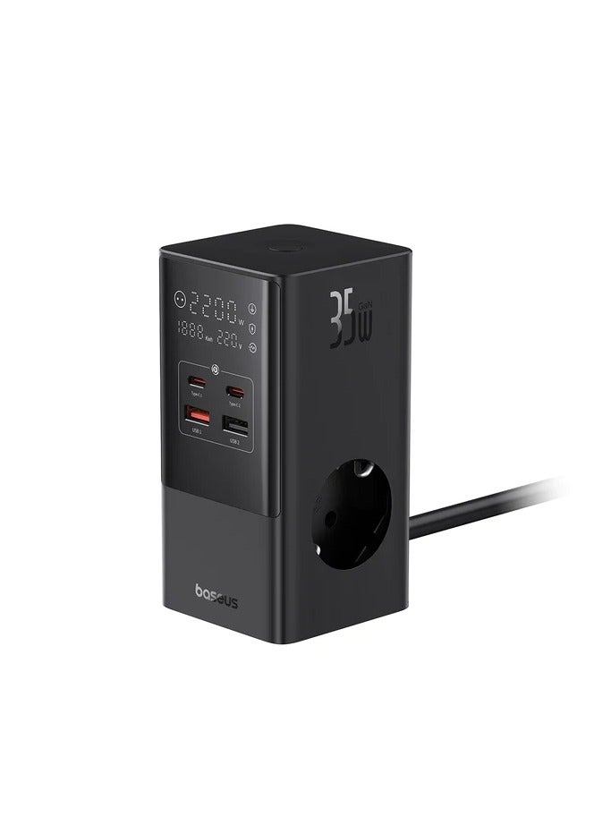 بيسوس OS-Baseus PowerCombo Tower Digital PowerStrip 3AC+2U+2C 35W مع سلك طاقة 1.5 متر مجموعة الاتحاد الأوروبي باللون الأسود - Image 1