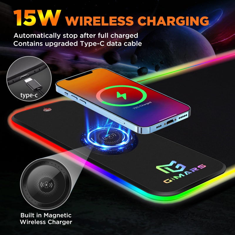 Gimars RGB Gaming Mouse Pad,15W Wireless Charging Mousepad with 10 Light Modes, Large Mousepad with Premium Smooth Surface, Non-Slip Mouse Mat for Gaming, Desk, PC,Office, 31.5x11.8x0.16inch - Image 2