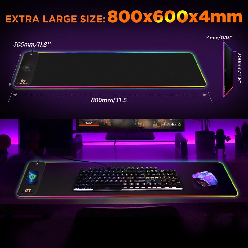Gimars RGB Gaming Mouse Pad,15W Wireless Charging Mousepad with 10 Light Modes, Large Mousepad with Premium Smooth Surface, Non-Slip Mouse Mat for Gaming, Desk, PC,Office, 31.5x11.8x0.16inch - Image 5