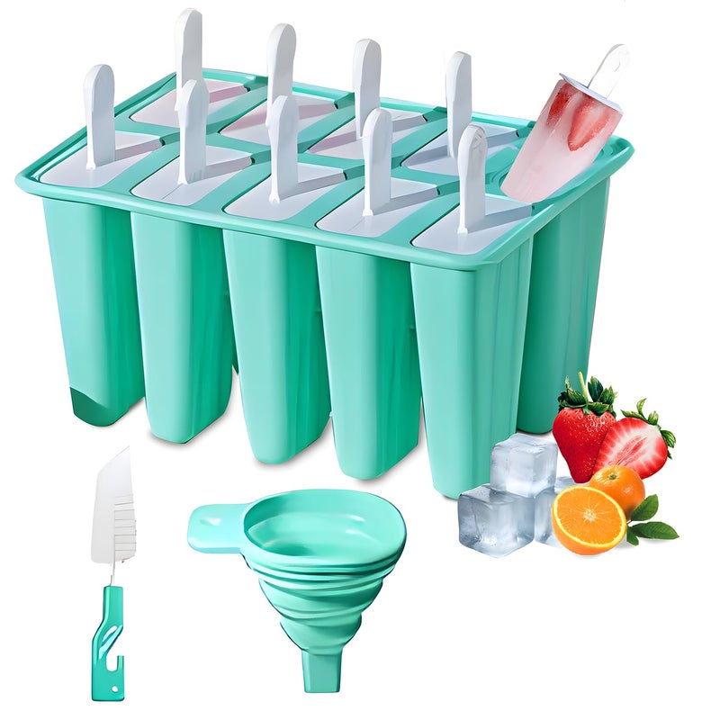 BRENSTEN Silicone Popsicle Molds 10 Pcs Ice Pop Maker Molds with 10 Reusable Sticks, Cleaning Brush and Funnel - Homemade Easy-Release Reusable Popsicle Moulds Shapes (Green) - Image 1