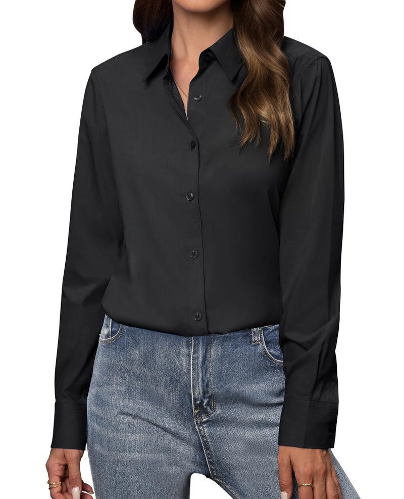 Gleeivy Womens Button Down Shirt Long Sleeve Black Button Up Shirt Women Classic Fit Solid Cotton Work Office Black L - Image 1