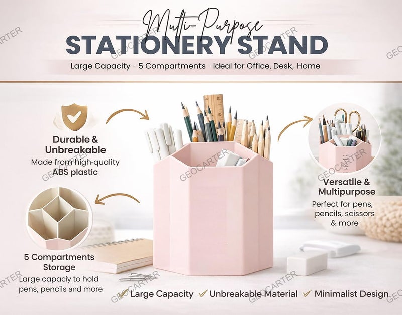 GEOCARTER Pen Holder | Aesthetic Pen Stand for Study Table, Kids & Office Desk | Cute Stationery Organizer | Pencil Stand & Desk Accessories | Organizer for Study & Workspaces - Pink - Image 2