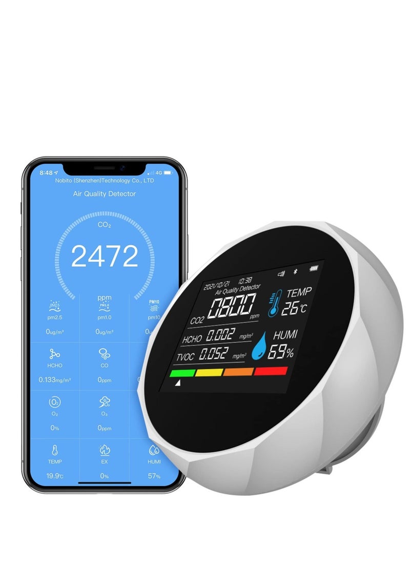 Excefore Air Quality Monitor, Smart Bluetooth APP Air Quality Monitor, 5 in 1 Formaldehyde HCHO TVOC Detector, CO2, Temperature, Humidity Monitoring, with Time and Date Display, for Home Office  - Image 1