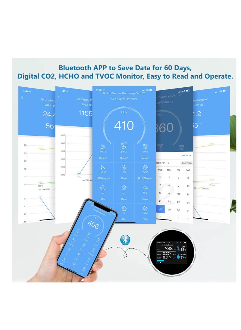Excefore Air Quality Monitor, Smart Bluetooth APP Air Quality Monitor, 5 in 1 Formaldehyde HCHO TVOC Detector, CO2, Temperature, Humidity Monitoring, with Time and Date Display, for Home Office  - Image 3