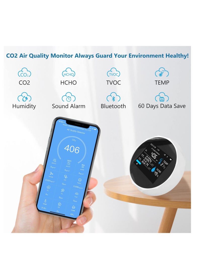 Excefore Air Quality Monitor, Smart Bluetooth APP Air Quality Monitor, 5 in 1 Formaldehyde HCHO TVOC Detector, CO2, Temperature, Humidity Monitoring, with Time and Date Display, for Home Office  - Image 2