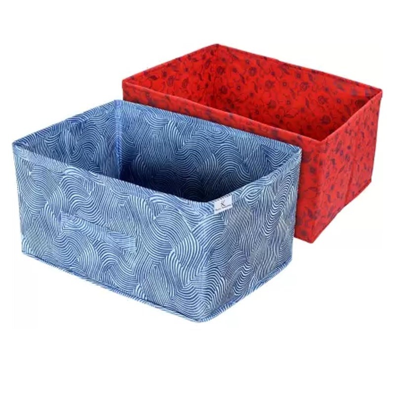 Kuber Industries Rectangular Storage BoxCloset Organizer Box With HandleMetalic Lahriya Print Foldable Non Woven Fabric Blue RedKubmart15994 Drawer Organizers - Image 1
