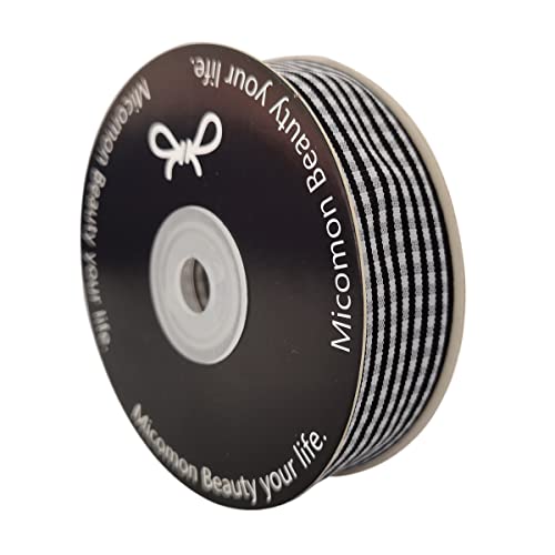 Micomon 1 Inch Black and White Woven Edge Gingham Ribbon 25 Yards Each Roll 100% Polyester (1", Black) - Image 2