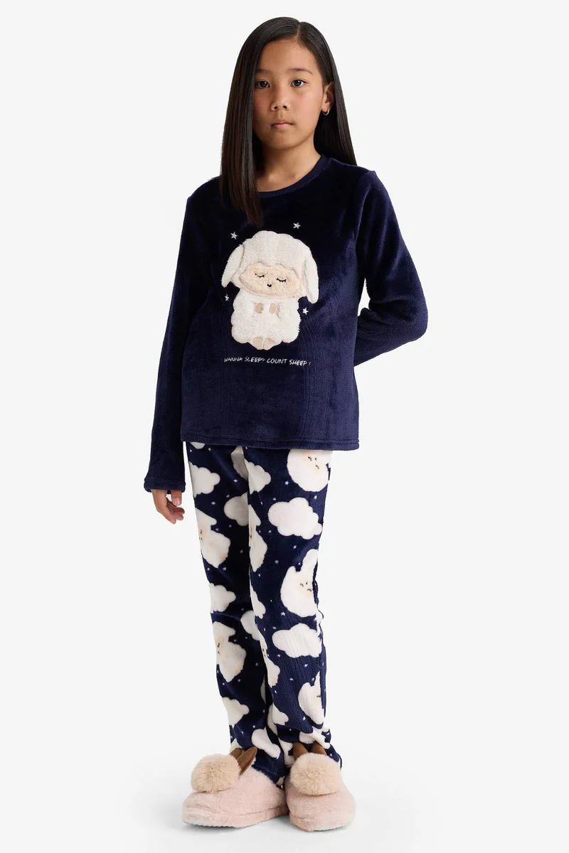 ديفاكتو Girl Plush Printed Top Bottoms 2 PiecePyjamas Set
