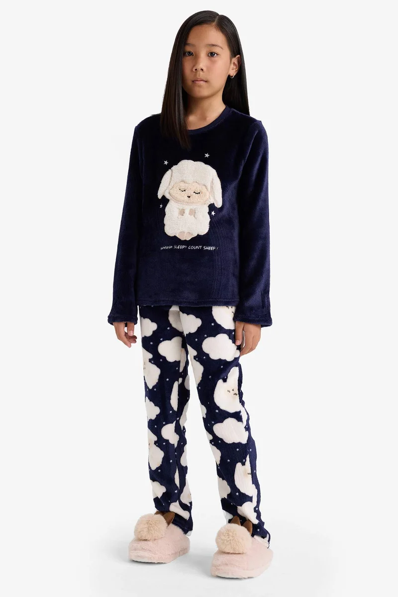 ديفاكتو Girl Plush Printed Top Bottoms 2 PiecePyjamas Set