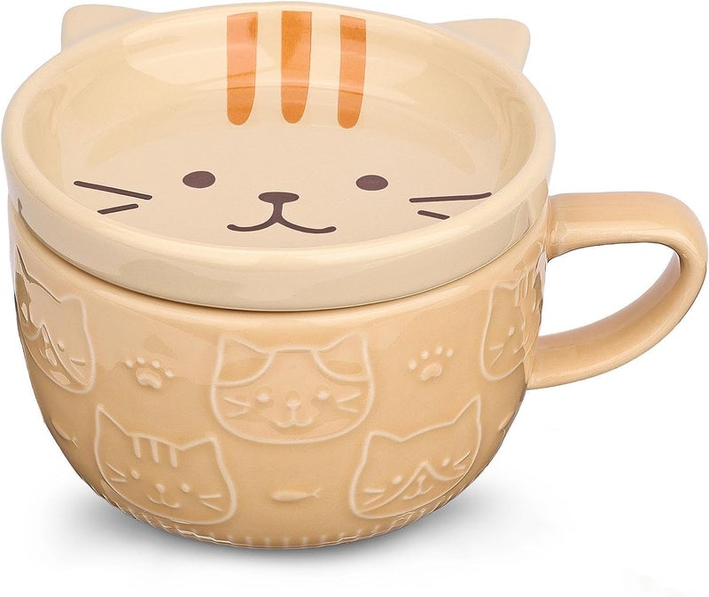 ChicAbode Cute Ceramic Cat Coffee Mug with Lid - Kawaii Gift for Cat Lovers - Image 1