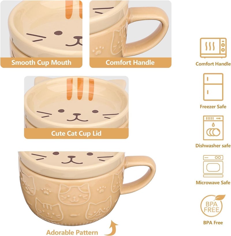 ChicAbode Cute Ceramic Cat Coffee Mug with Lid - Kawaii Gift for Cat Lovers - Image 3