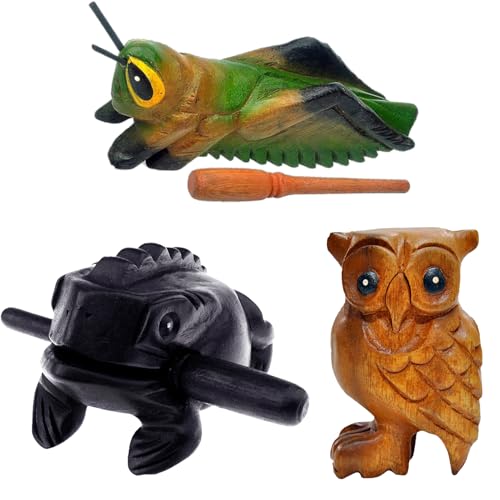 GOGHOST 3 Pcs Handmade Wooden Guiro Animal Set (Small), 3 Inch Wooden Frog, 4 Inch Wooden Cricket, and 2.3 Inch Wooden Owl Whistle, Guerrero Percussion Instruments Artistic Craft - Image 1