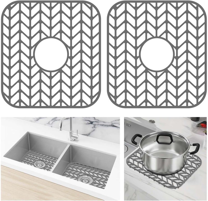 AWOKE Silicone Sink Protectors for Kitchen Sink, 12" x 11" Sink Mat for bottom of sink, Center Drain Hole, Protect Sink from Stains, Scratches, Dishwasher Safe Grid Mat for Kitchen (2 Pack, Gray) - Image 1