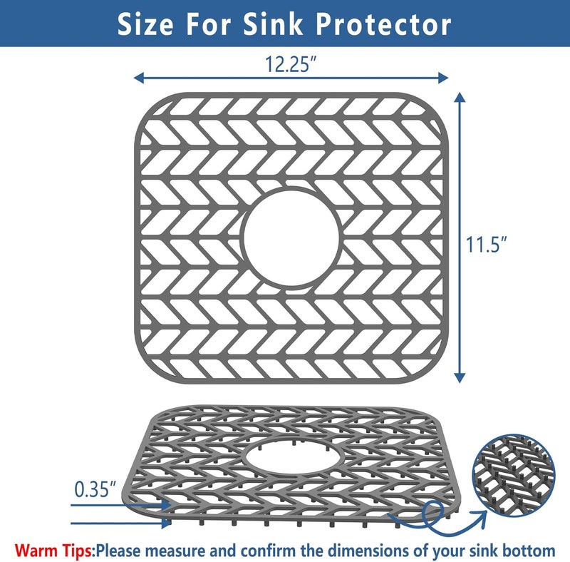 AWOKE Silicone Sink Protectors for Kitchen Sink, 12" x 11" Sink Mat for bottom of sink, Center Drain Hole, Protect Sink from Stains, Scratches, Dishwasher Safe Grid Mat for Kitchen (2 Pack, Gray) - Image 2