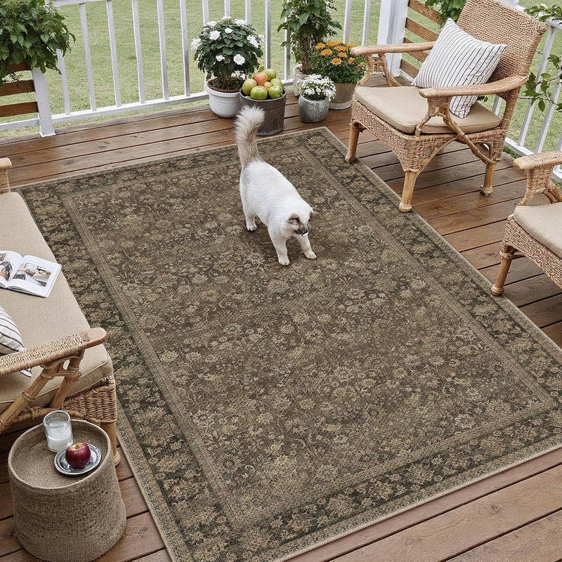 HUGEAR 5x7 Indoor/Outdoor Rug Brown Linen-Look Fabric Vintage Area Rug High Traffic Stain Resistant Easy Clean Durable Rugs for Living Kitchen Patio Deck Balcony Porch Garden Courtyard - Image 1