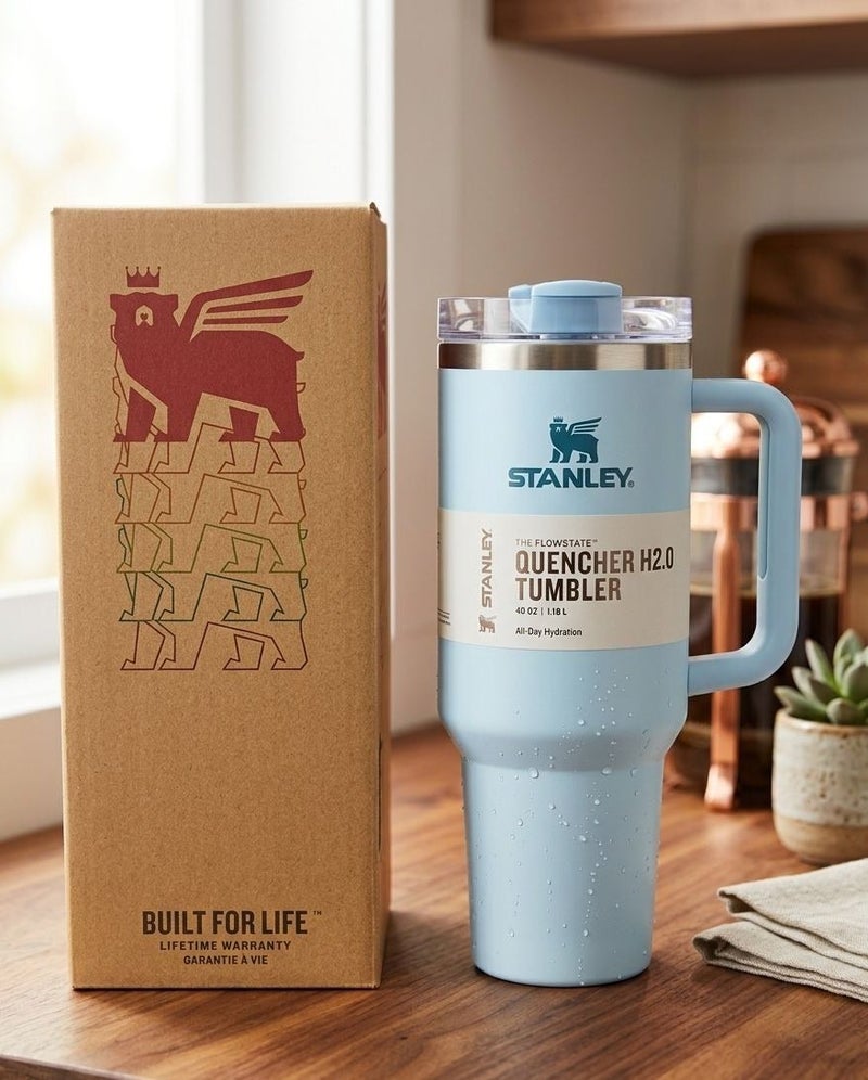 ستانلي كوب استانلس، كوب استانلس سعة 40 اونصه مع شاليموه ومقبض، كوب معزول مع غطاء كوب للسفر، كوب قهوة من الفولاذ المقاوم للصدأ  للمشروبات المثلجة الساخنة، كوب سفر بمقبض - Image 1