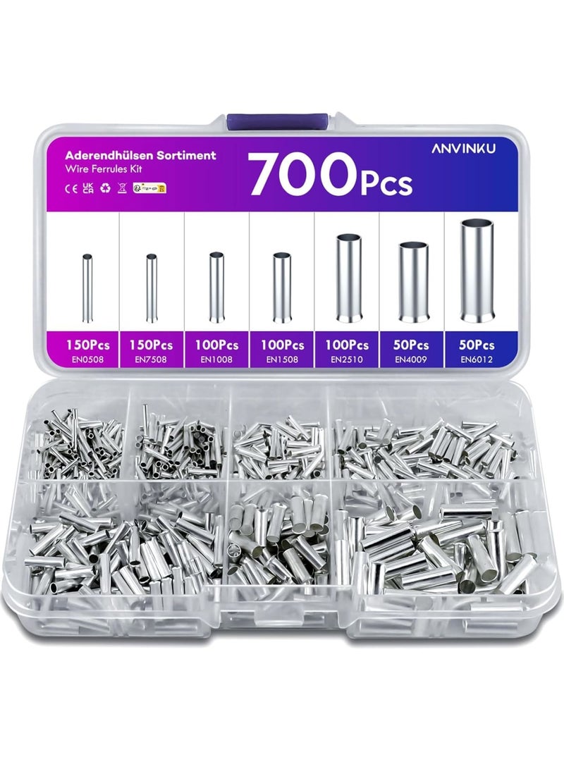 SYOSI Wire Ferrules, 700pcs Non-Insulated Crimp Terminals for Electrical Wiring DIY Projects, 7 Types Mini Bootlace Ferrules with Storage Box, 10-22 AWG for Home Automotive Industrial Use - Image 1