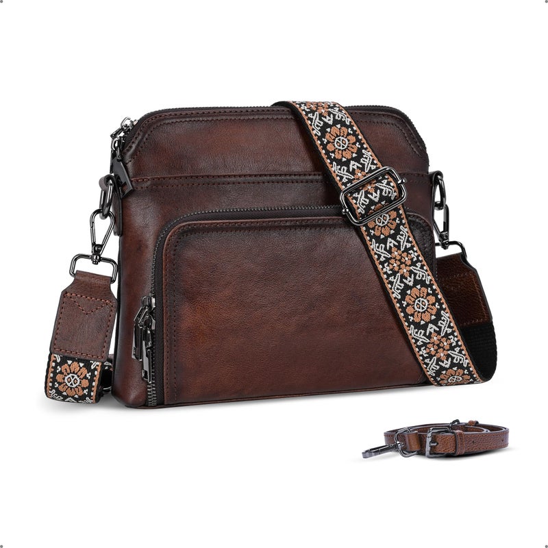HESHE Genuine Leather Crossbody Bags for Women Satchel Purses Shoulder Handbags with 2 Adjustable Strap Hobo Purse (Coffee) - Image 1