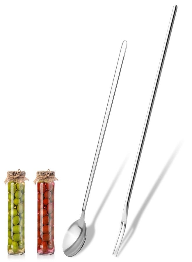LUSTRIB 2 Pcs Pickle Fork Tool Set, 7.5 Inch Spoon and 8.6 Inch Pickle Fork with Long Handle, Stainless Steel Spoon and Forks Set for The Jar Olives Pickles Onion Cucumber - Image 1
