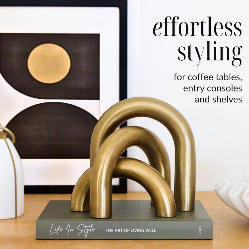 STRONA Brass Finish Arch Decor - 3 Piece Organic Modern Home Decor Accent Set for Bookshelf, Coffee Table & Console Styling - Image 2