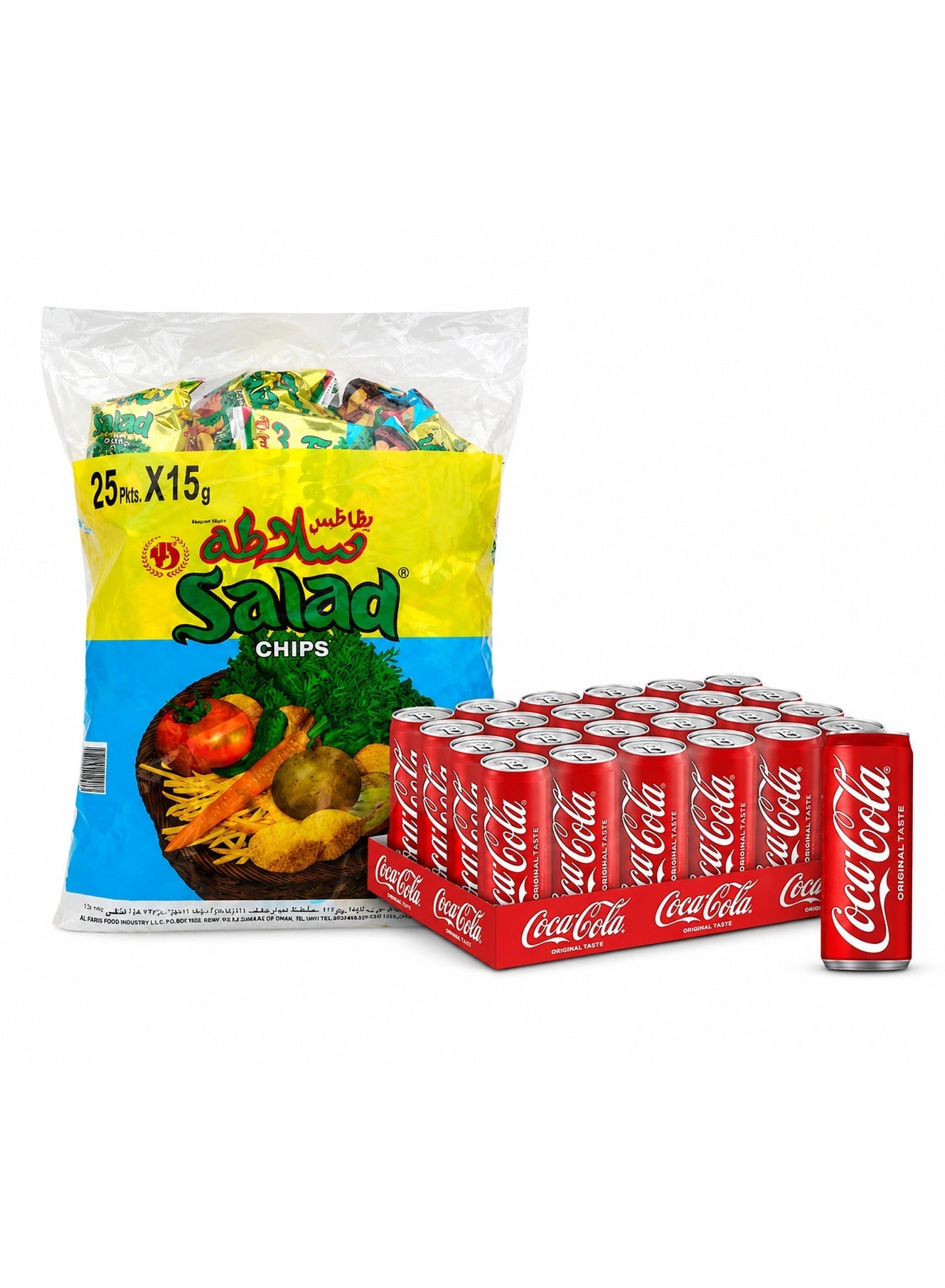 noon Chips Oman Salad Chips 15grams Pack of 25 + Coca Cola Regular Soft Drink Cans 330ml Pack of 24