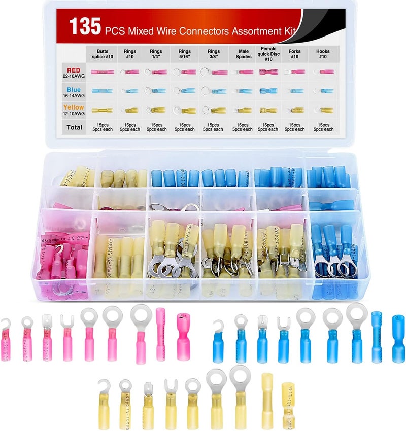 Nilight 135 PCS Heat Shrink Wire Connectors - Electrical Terminals Kit - Marine Automotive Crimp Connector Assortment - Ring Fork Hook Spade Butt Splices, 2 Years Warranty - Image 1
