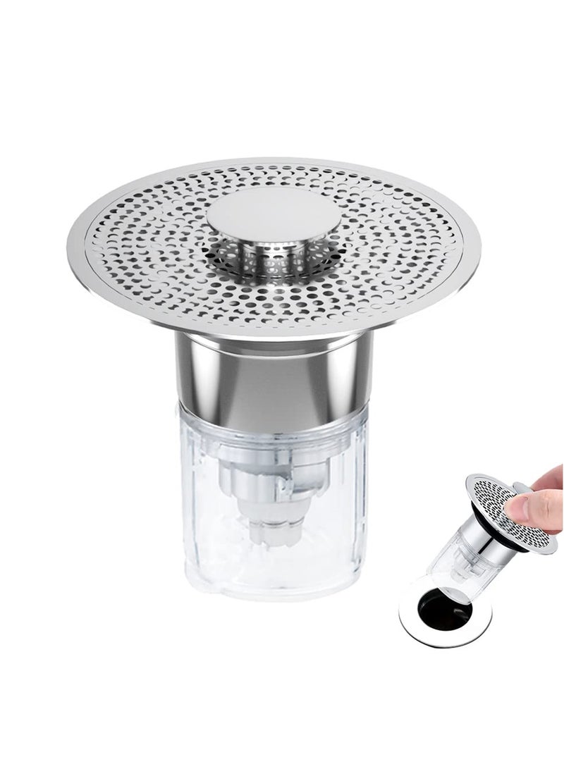Barakah Sink Stopper, Anti-odour Pop Up Sink Bath Plug Replacement Stainless Steel with Strainer, Push Down Bathroom Plugs for Wash Basins with 2 Rubber Washers for 30-40mm Hole - Image 1