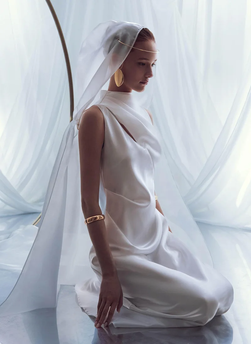 Lichi Glossy fabric maxi dress with asymmetrical draperies