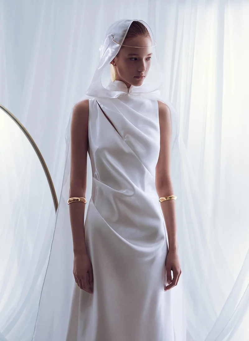 Lichi Glossy fabric maxi dress with asymmetrical draperies