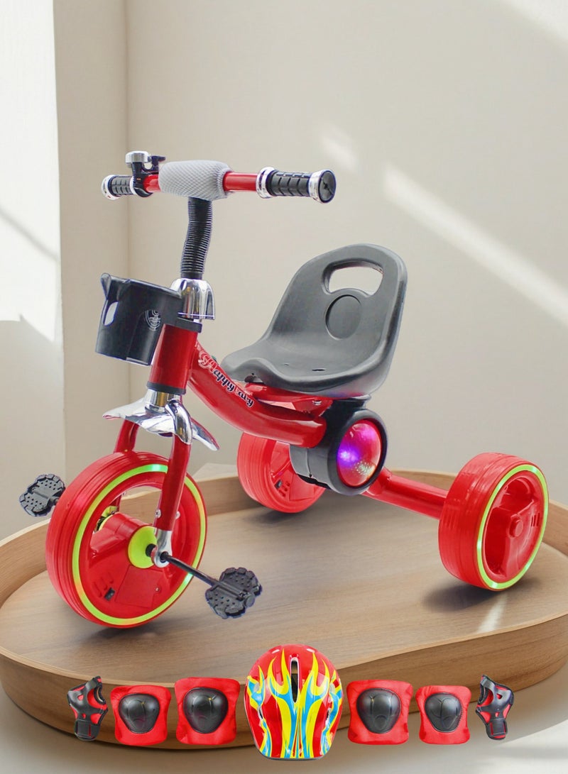 EASY FUTURE  Package Include Full Protective Gear Set Kids Baby Tricycle with Light & Music Ride-On Toy Bicycle with Storage Basket (Blue/Red/Pink Options) - Image 1