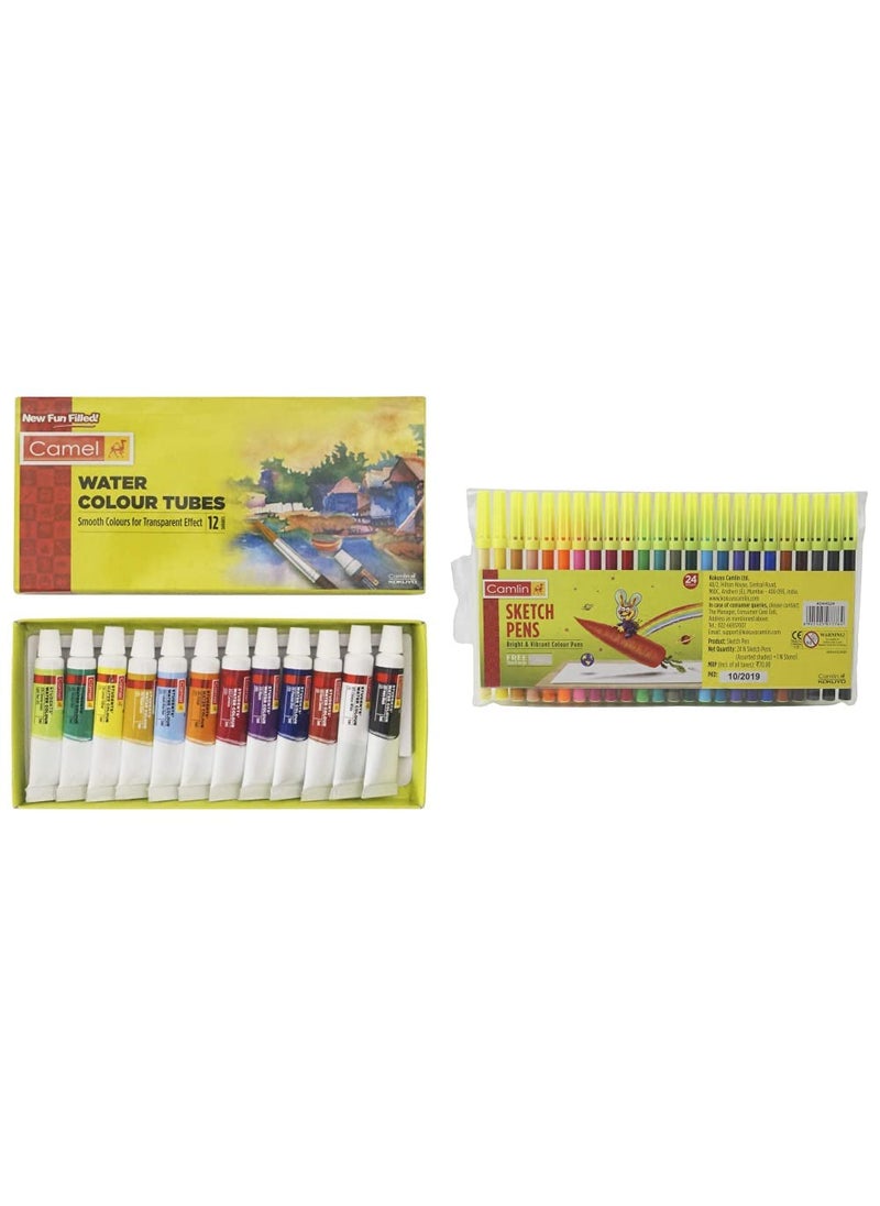 camel Camel Camlin Kokuyo Student Water Color Tube - 5Ml Each, 12 Shades & Camlin Sketch Pens with Free Stencil - 24 Shades (Multicolor)  - Image 1